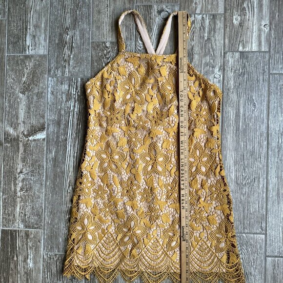 WAYF Dress Womens L Crochet‎ Lace Floral Sleeveless Yellow Flapper Sheer Cottage - Picture 6 of 8